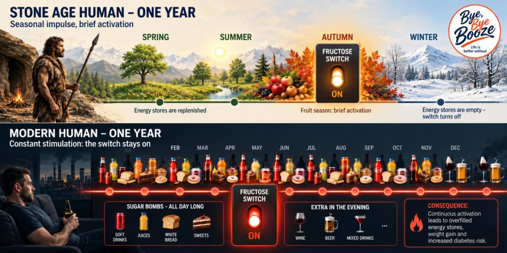 Wide infographic comparing seasonal fructose exposure in a Stone Age human with year-round stimulation in modern life. The upper panel moves through spring, summer, autumn, and winter, showing a fructose switch briefly turned on during fruit season and off again when energy stores are depleted. The lower panel shows sugary drinks, juices, white bread, sweets, wine, beer, and mixed drinks throughout the year, with the fructose switch continuously on. A warning explains that continuous activation can lead to overfilled energy stores, weight gain, and increased diabetes risk. The Bye, Bye Booze logo appears in the upper-right corner.