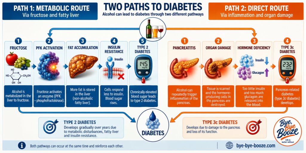 Infographic titled “Two Paths to Diabetes” showing how alcohol can contribute to diabetes through two different pathways. The blue metabolic route shows alcohol being metabolized to fructose, followed by PFK activation, fat accumulation in the liver, insulin resistance, and type 2 diabetes. The orange direct route shows recurrent pancreatitis, pancreatic damage, hormone imbalance with too little insulin and too much glucagon, and type 3c diabetes. Both pathways converge on diabetes and can occur simultaneously and reinforce each other. The Bye, Bye Booze logo and bye-bye-booze.com appear at the bottom right.