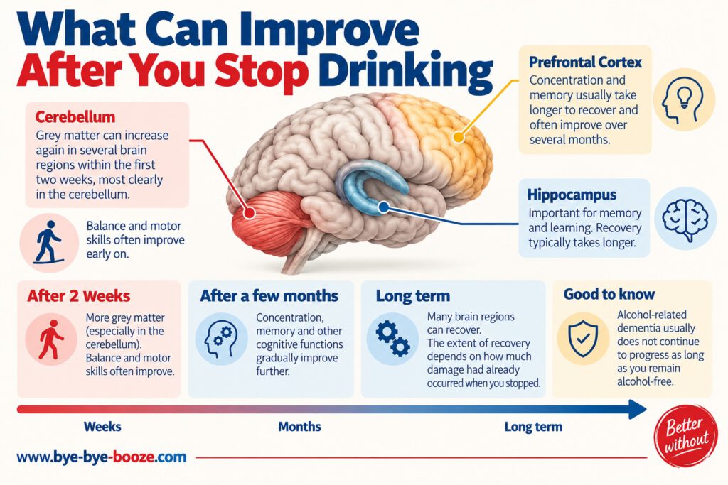 Infographic “What Can Improve After You Stop Drinking”: Within the first two weeks, gray matter can increase in several brain regions, especially the cerebellum, while balance and motor skills may improve. Concentration, memory, and other cognitive functions often recover gradually over several months. Long-term recovery depends on how much damage had occurred before quitting. Alcohol-related dementia usually does not continue to progress as long as a person remains alcohol-free.