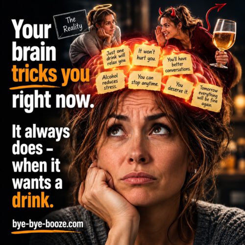 Woman rests her head on her hand while an illustrated glowing brain above her displays common thoughts that can justify drinking, such as “Just one drink will relax you,” “Alcohol reduces stress,” and “You can stop anytime.” An angel and devil symbolize the conflict between reality and craving. Text reads: “Your brain tricks you right now. It always does – when it wants a drink.”